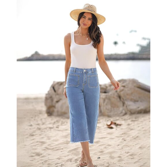 Women's Wide Leg Crop Jeans Cotton Spandex Stretchy High Waisted Casual - Picture 7 of 8